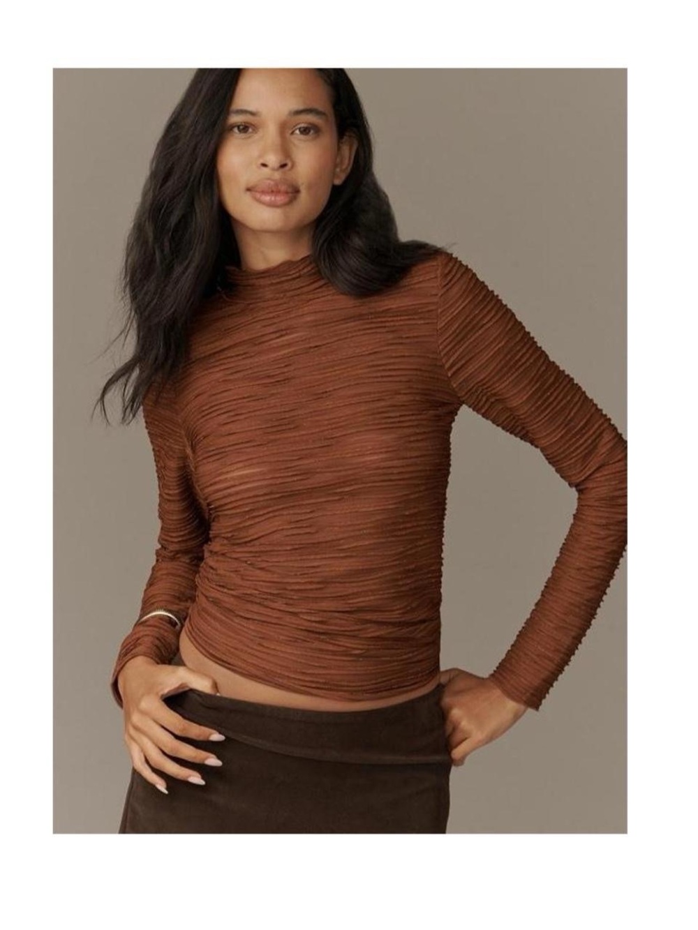 Pilcro Textured Rust Brown Long-Sleeve Mock Neck Top